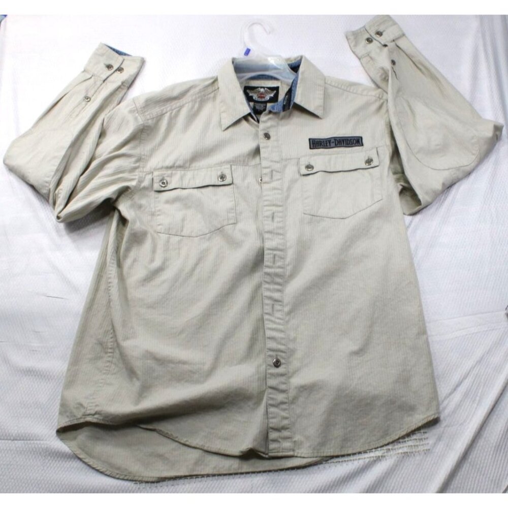 Harley-Davidson Mens Beige Button-Down Long Sleeve Shirt With Logo‎ Embroidery -